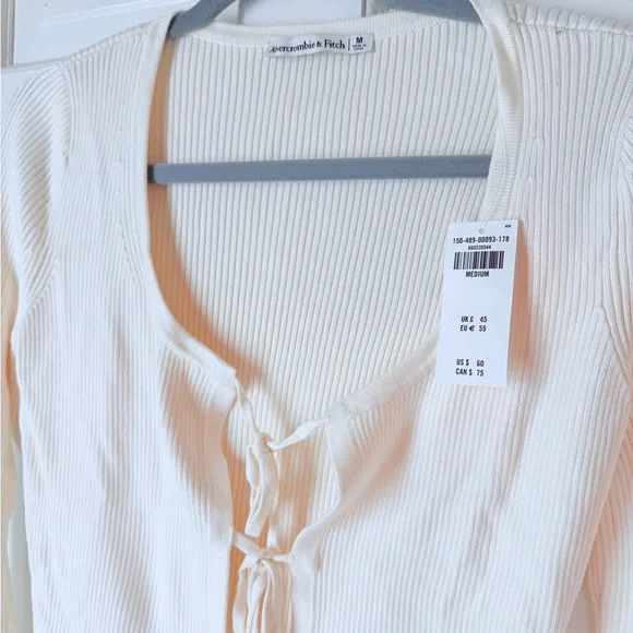 Abercrombie & Fitch Cream Ribbed Tie-Front Long Sleeve Cardigan - Picture 4 of 5